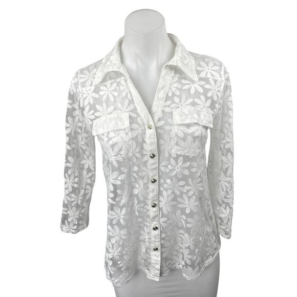 Ember White Floral Chiffon Long Sleeve Button Down Sheer Blouse Shirt Top Size S - Picture 1 of 4